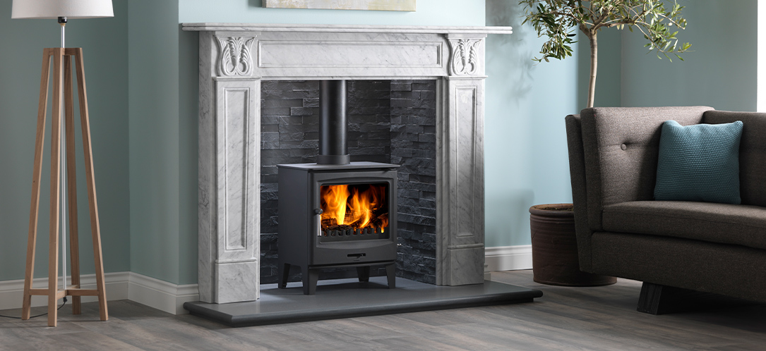 steel multifuel 5kw stove Corinthian mantelpiece